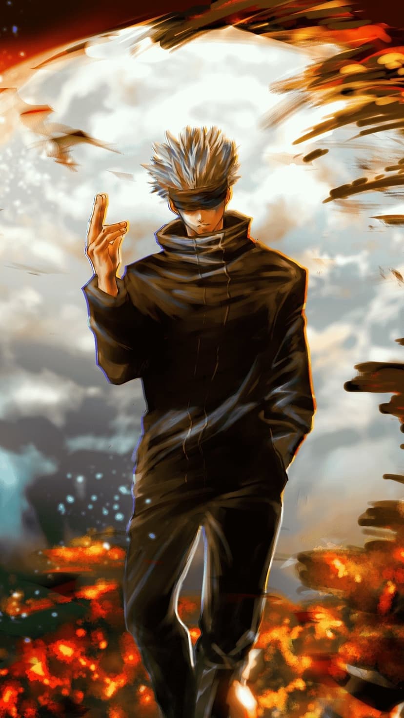 Satoru Gojo stands with a raised hand in a burning landscape with his white hair and blindfold visible.