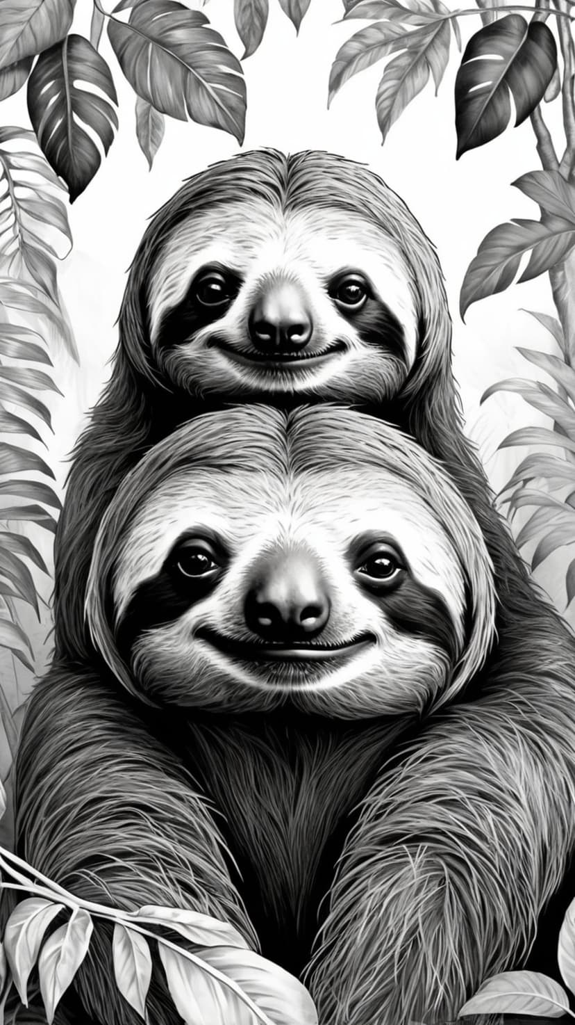 Two smiling sloths huddle together among large tropical leaves in a detailed black and white nature scene.