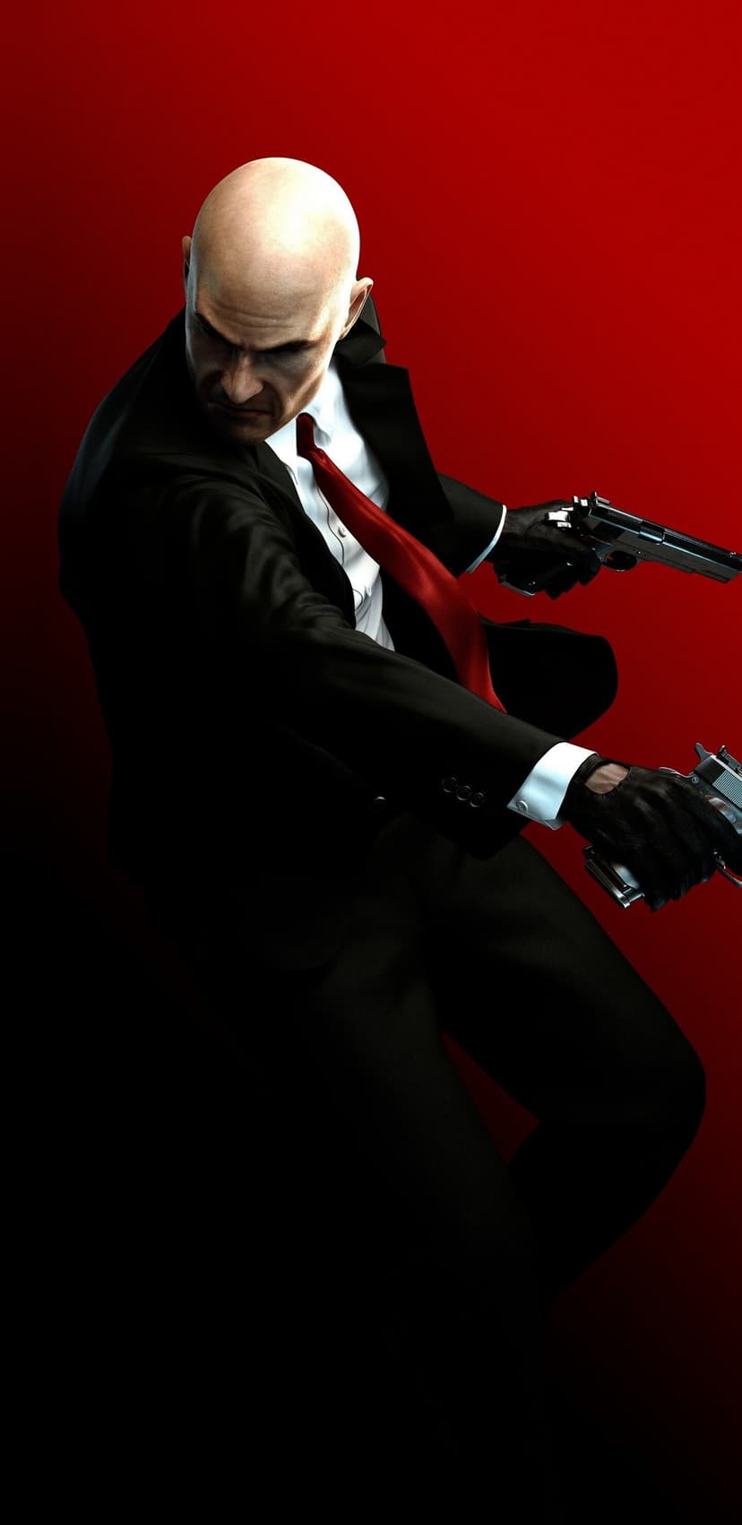 Agent 47 in a black suit and red tie dual-wielding silver pistols against a red and black gradient background.