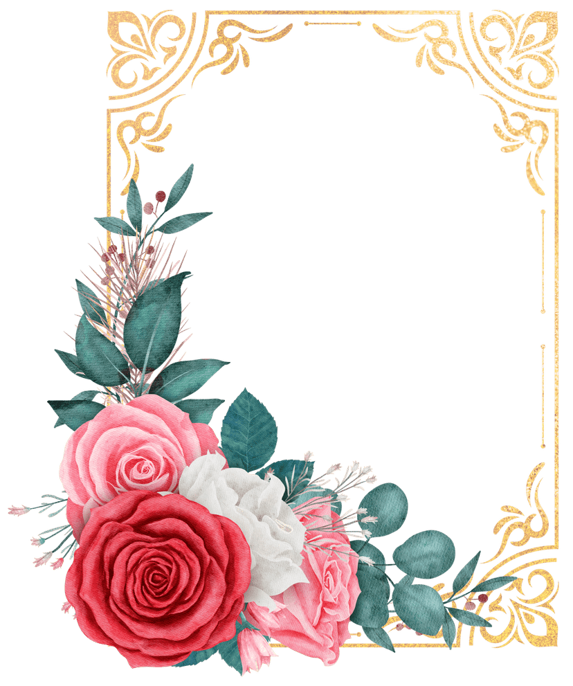Ornate gold flower frame featuring red watercolor roses and pink blossoms on a vertical transparent border.