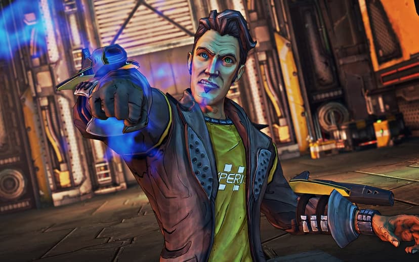 Handsome Jack pointing a glowing blue hand toward the viewer in a cel-shaded industrial sci-fi environment.