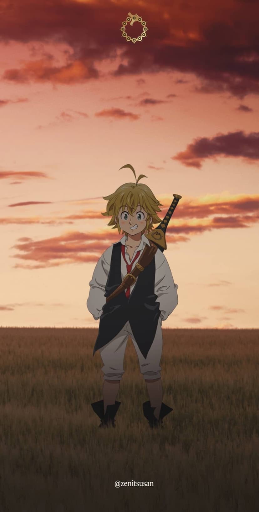 Meliodas smiles with a sword over his shoulder in a grassy meadow under a vibrant golden sunset and cloudy sky.