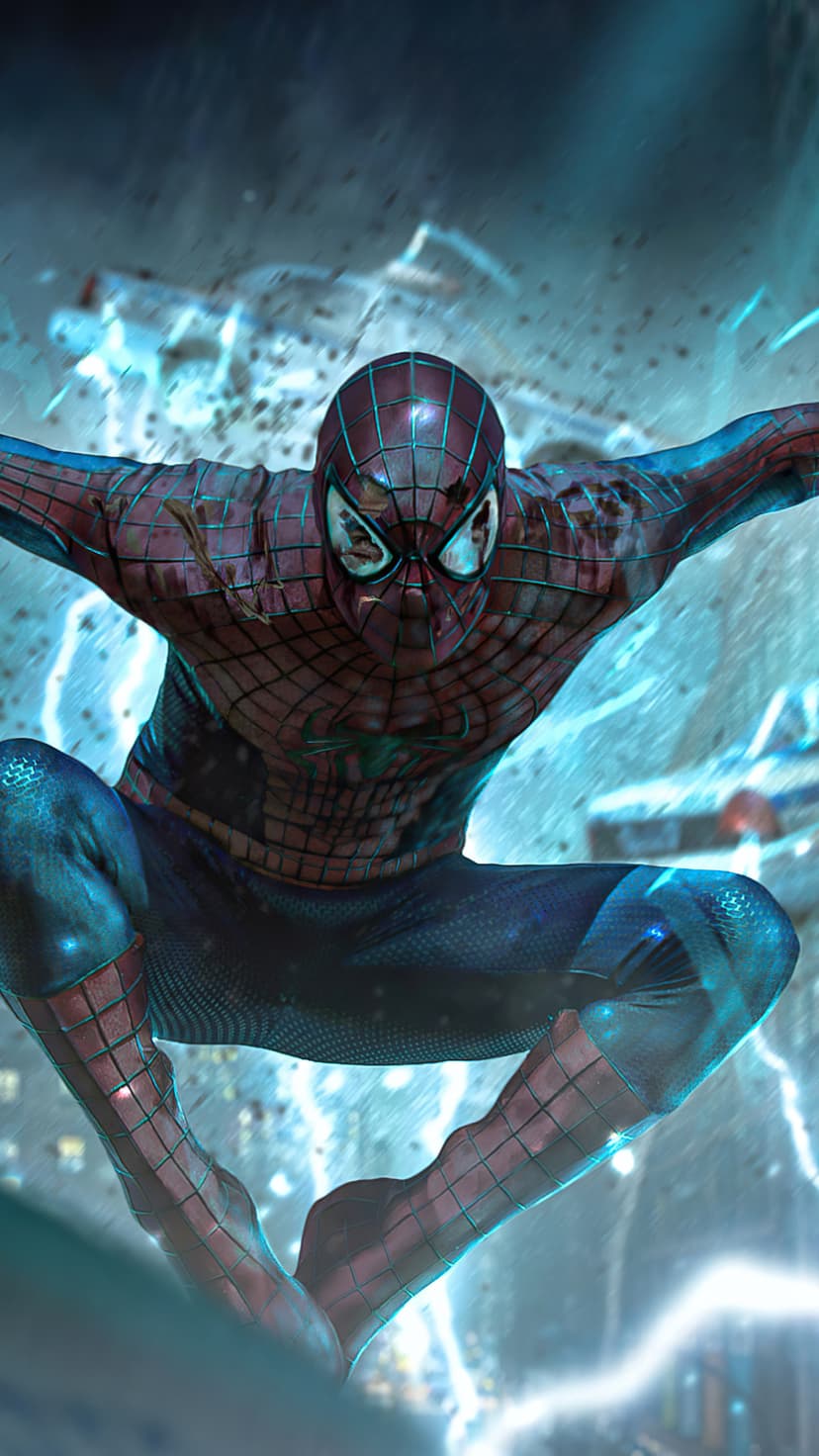 Spider-Man crouches mid-air surrounded by jagged blue lightning bolts while wearing a detailed red and blue suit.