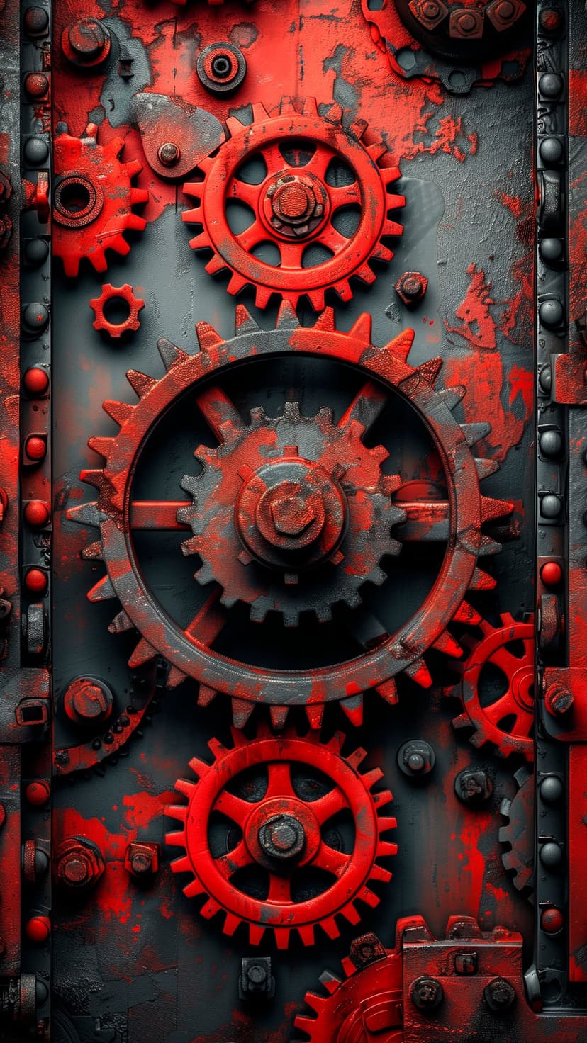 Interlocking red and gray industrial gears with rusted surfaces and metallic bolts in a vertical composition.