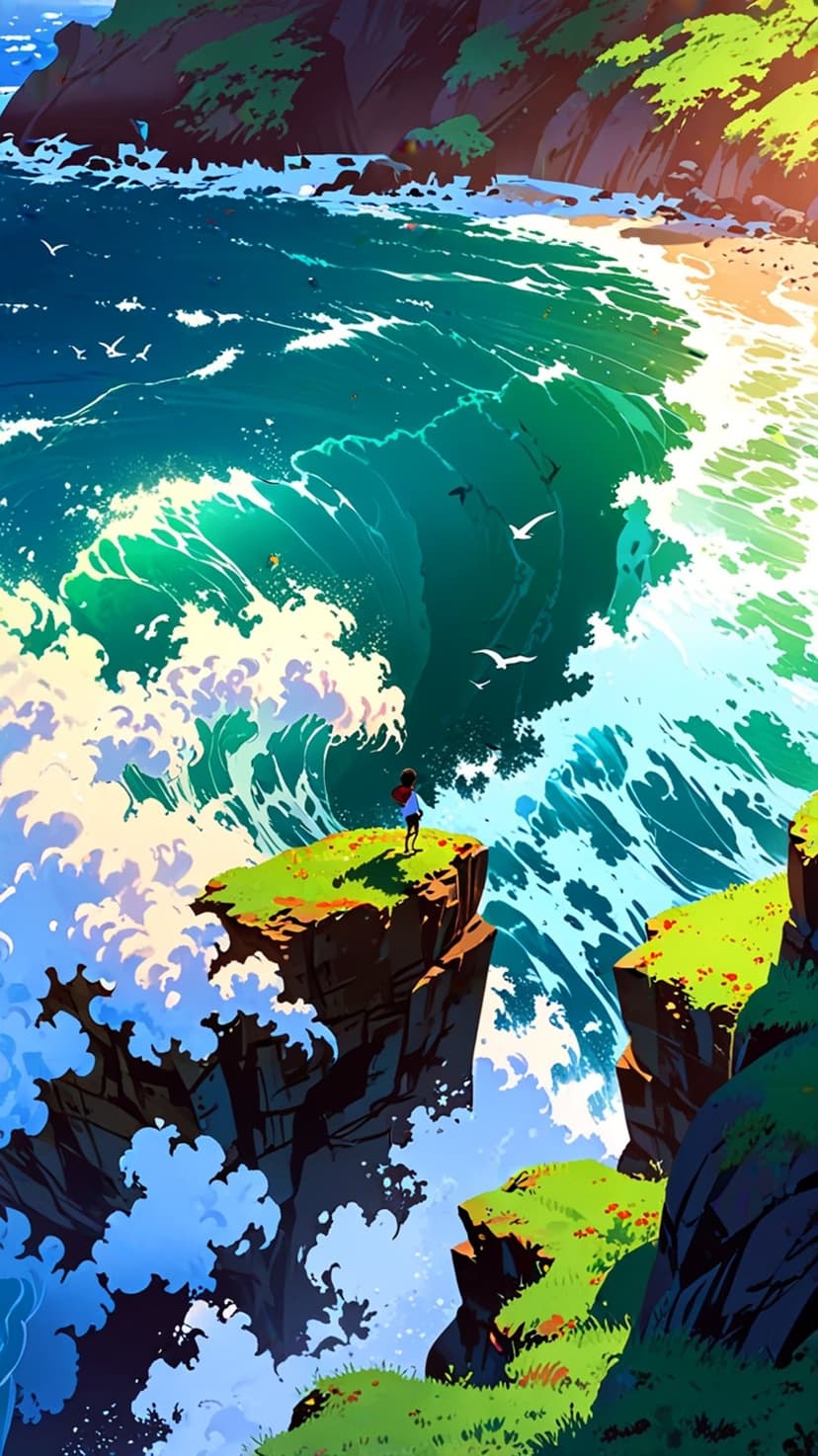 A solitary person stands on a grassy cliff edge as massive turquoise waves crash against jagged coastal rocks.