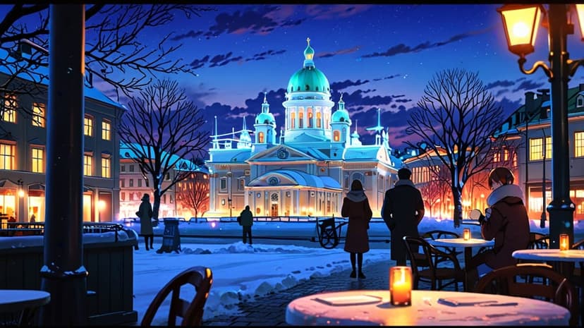 Ornate illuminated buildings and a domed cathedral overlook a snowy European square with streetlights at night.