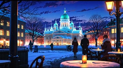 Snowy European square at night with illuminated buildings