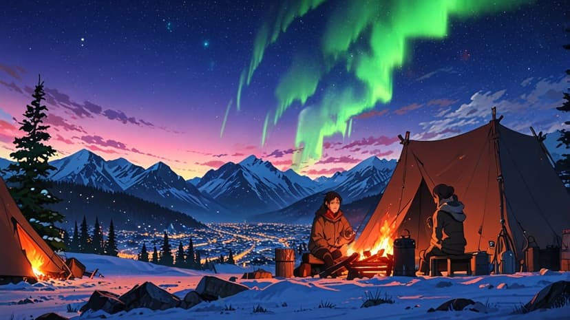 Two campers sit beside a glowing fire on a snowy mountain ridge under the green ribbons of the northern lights.