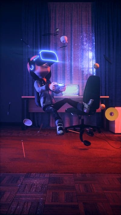 Gamer in VR headset plays video games, floats in room