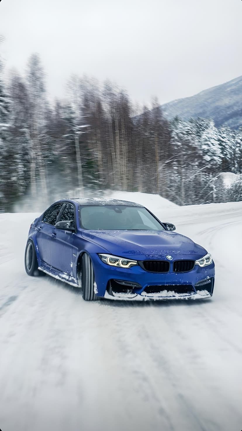 Blue BMW M4 car drifts on a snowy road between frosted trees under a cloudy sky with headlights shining.