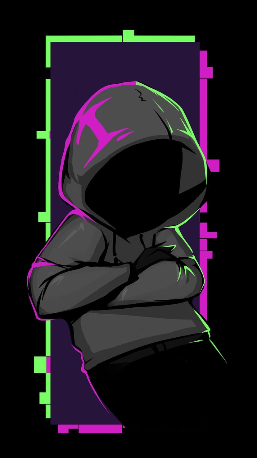 Hooded figure with crossed arms stands against a black void filled with neon pink and green geometric glitch patterns.