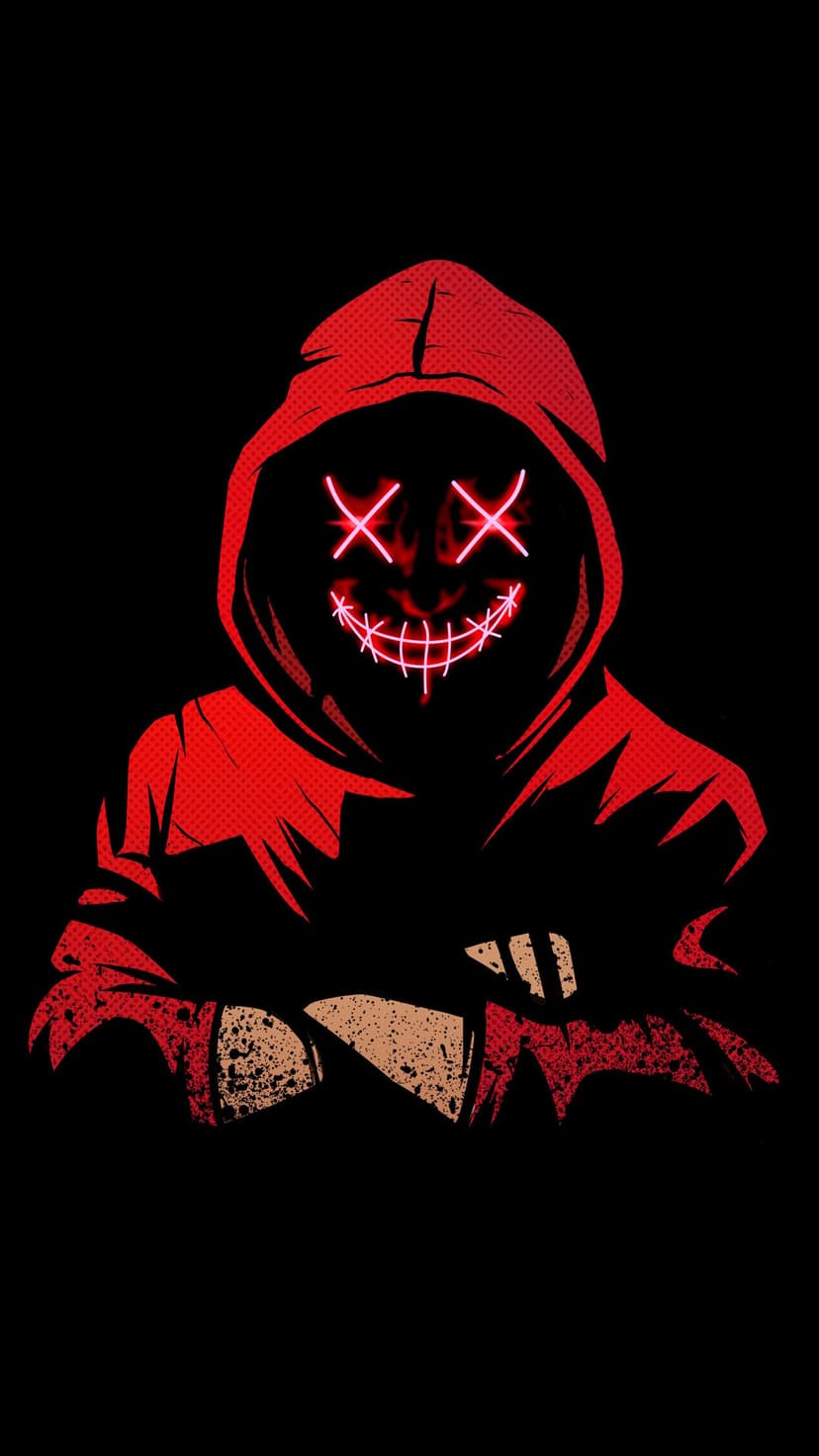 Hooded character with glowing neon red X-shaped eyes and a wide stitched grin against a dark shadowy background.