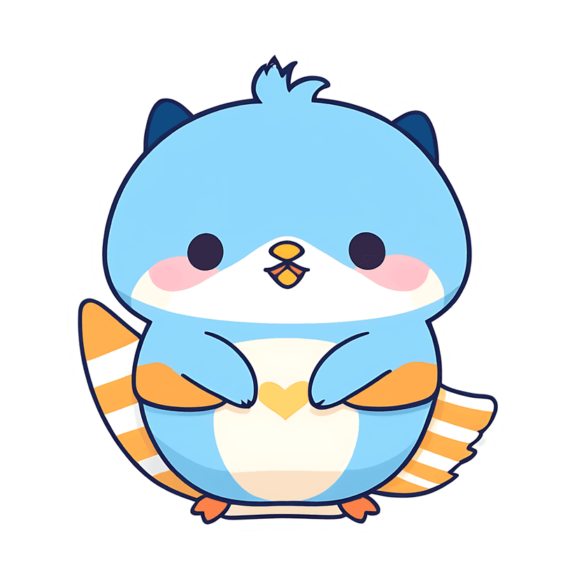 Blue chibi animal sticker with an orange striped tail and yellow heart on a white belly and bold outlines.