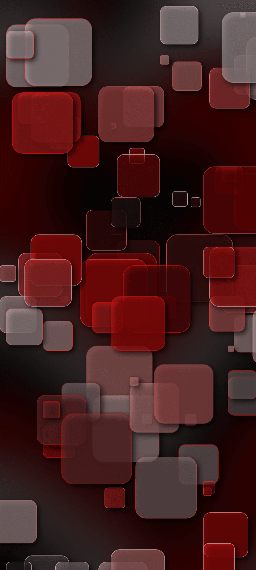 Crimson and charcoal rounded squares float with soft shadows against a deep, layered geometric background.