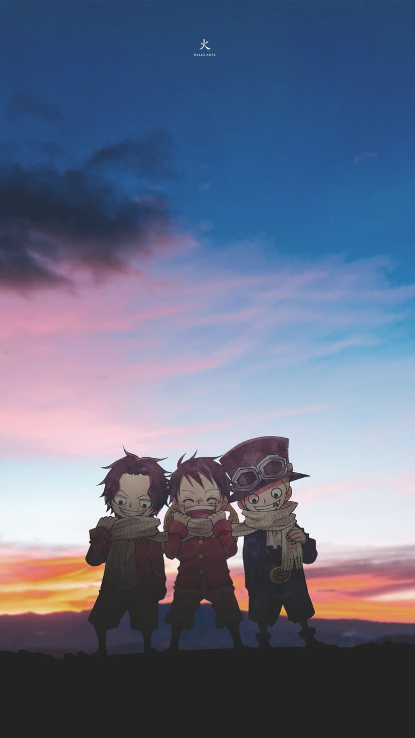 Luffy, Ace, and Sabo stand as silhouettes against an orange sunset sky with fluffy clouds and warm lighting.