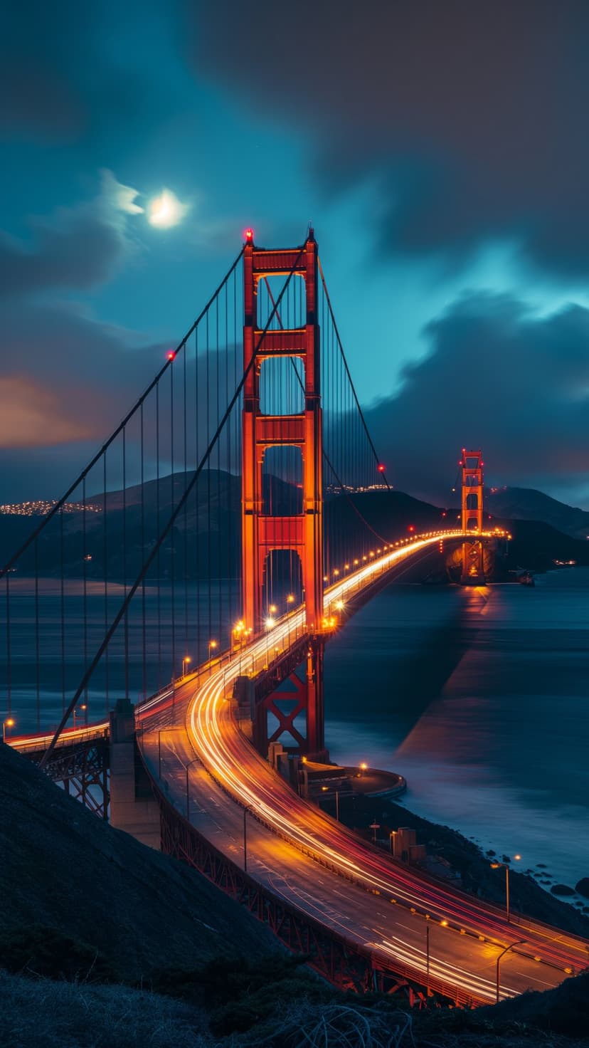 Golden Gate Bridge illuminated at night with orange beams and red light trails against a dark blue twilight sky.