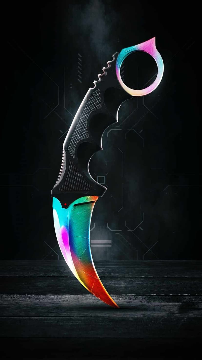 Rainbow karambit knife with a serrated blade and finger ring centered on a dark glowing circuit background.