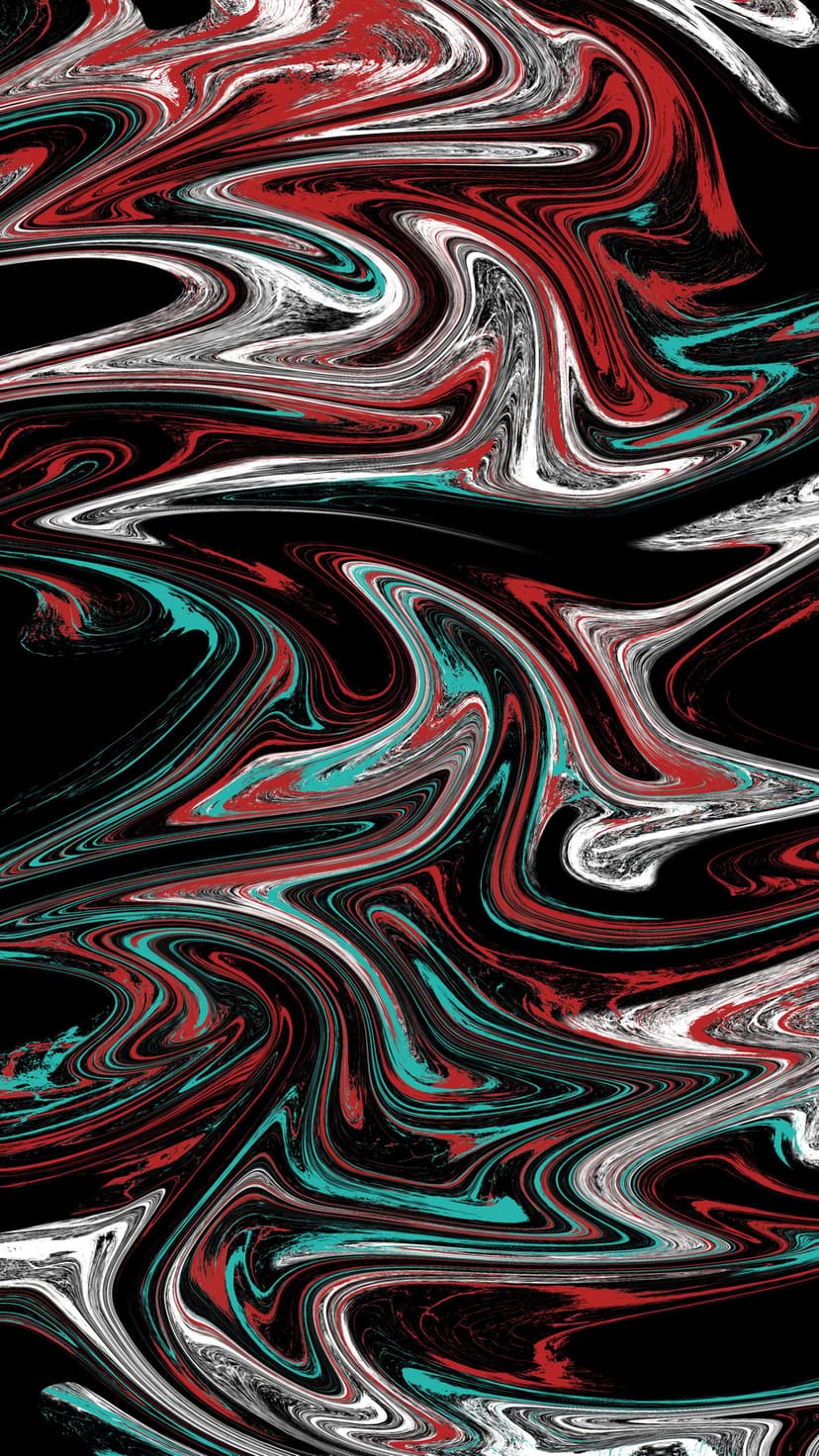 Swirling waves of red, white, and teal intertwine against a solid black background in a fluid, marbled pattern.