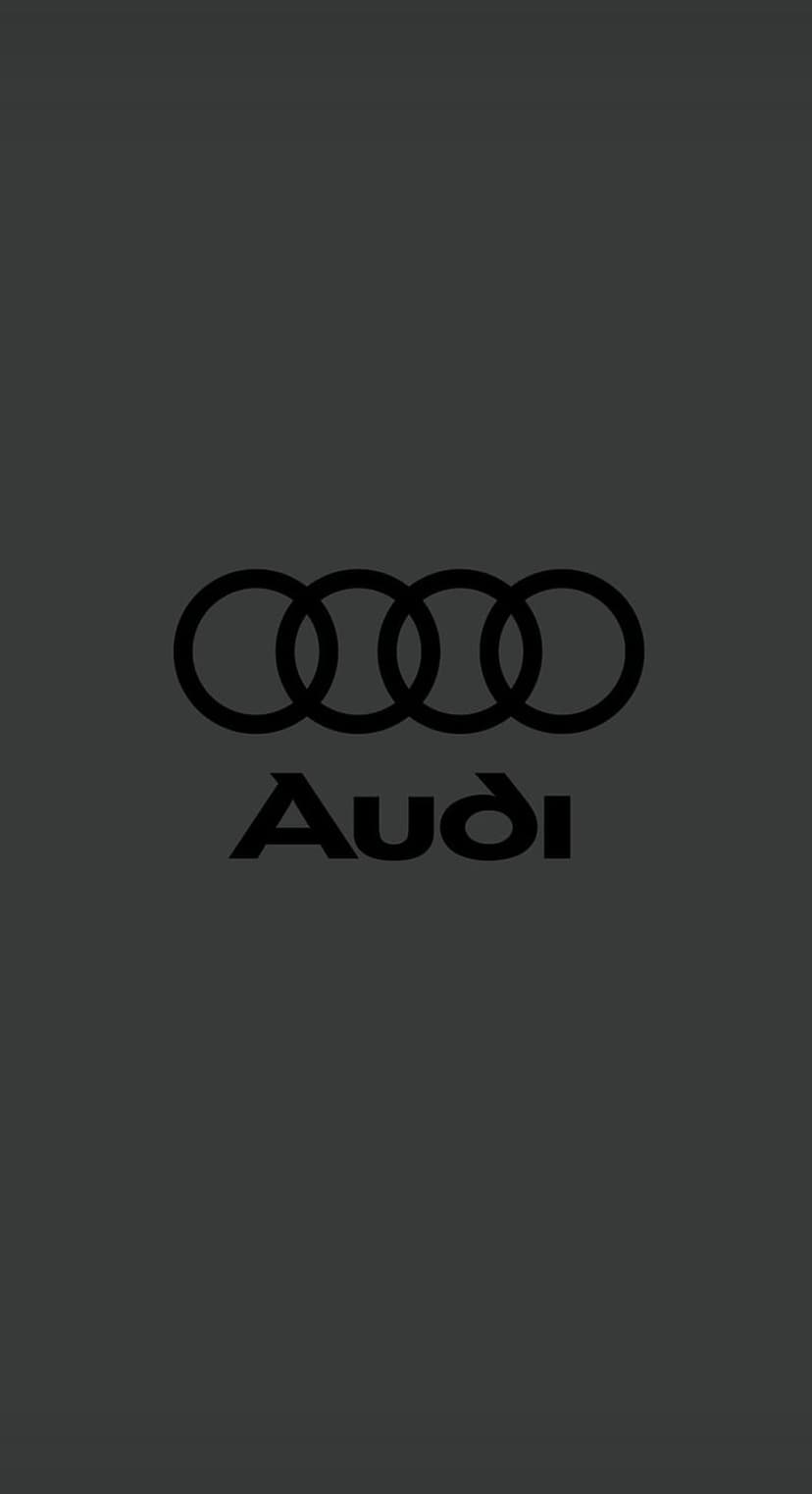 Interlocking black Audi rings and wordmark centered on a textured dark gray background for mobile displays.
