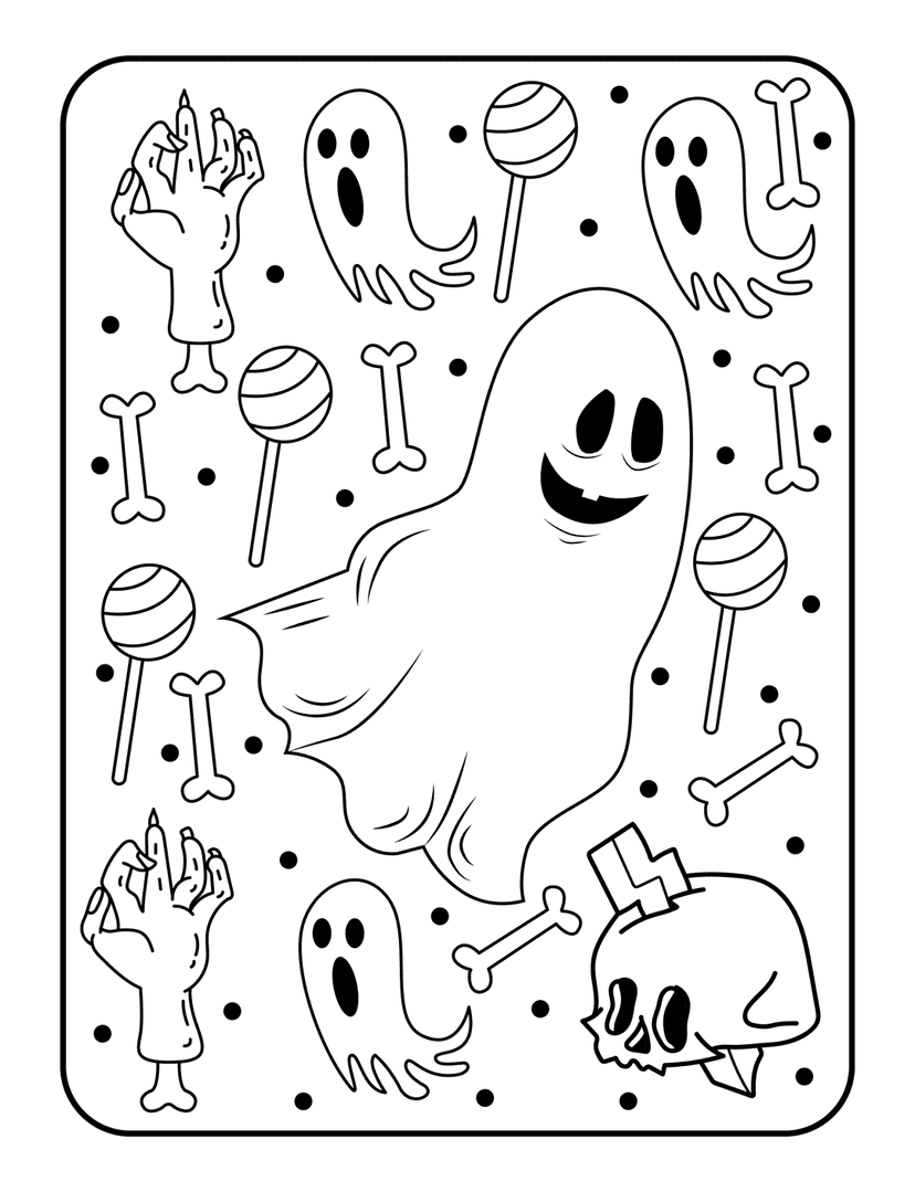 Halloween coloring page with line art ghosts, a skull with lightning bolt, bones, and candy lollipops.
