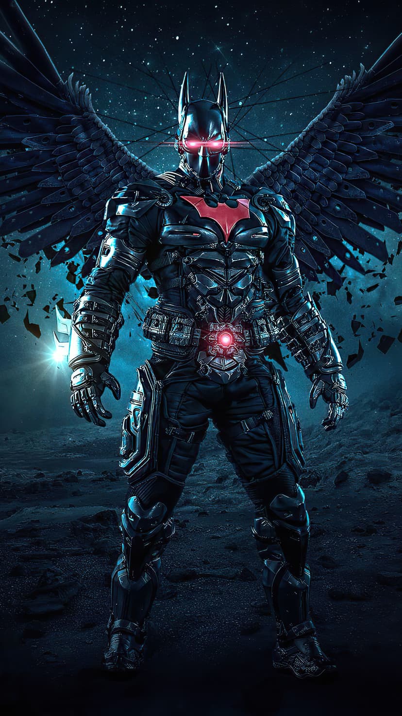 Batman in black tactical armor with large feathered wings, glowing red eyes, and a red chest emblem in space.