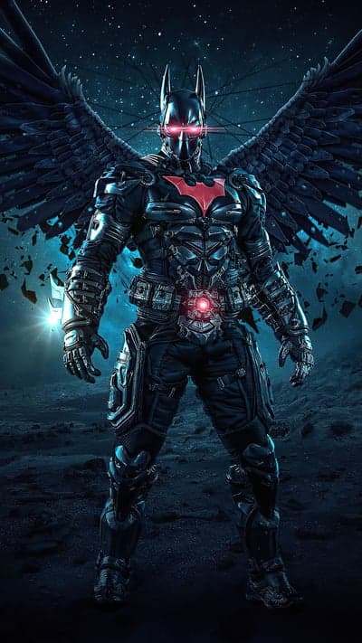 Futuristic Angelic Batman Armor with Glowing Red Eyes
