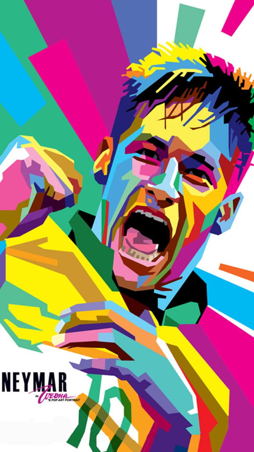 Neymar JR stares forward in a geometric portrait composed of vibrant neon triangles and sharp angular shadows.