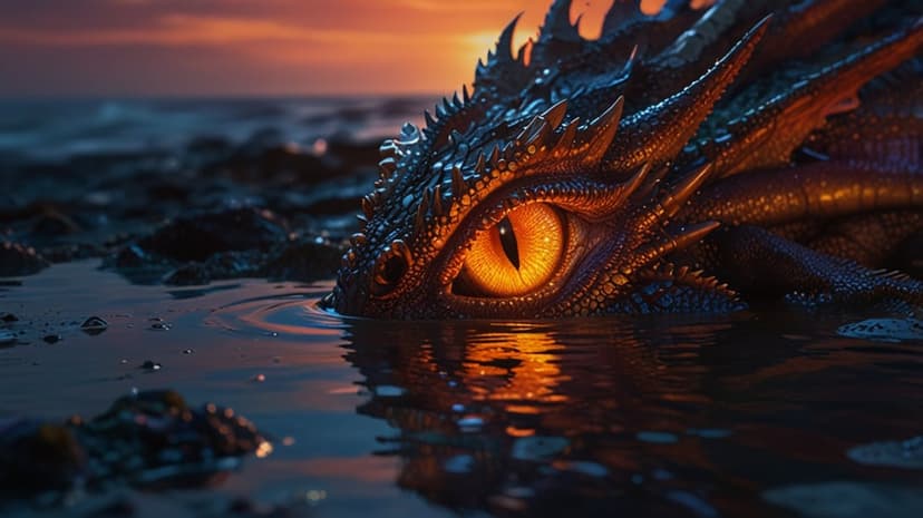 Amber dragon eye with a slitted pupil rising from dark ocean water under a fiery orange sunset sky.