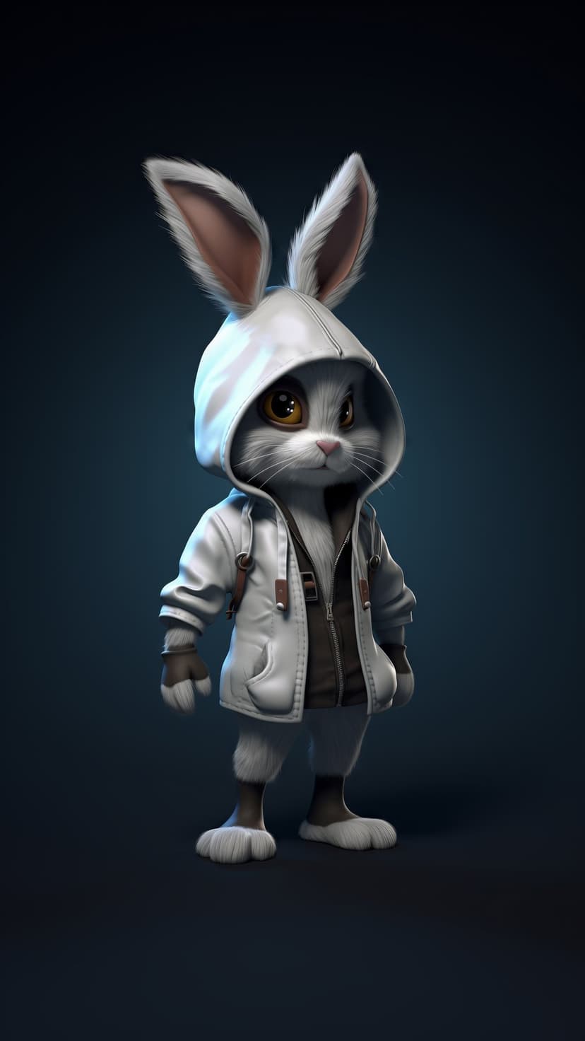 White bunny with large golden eyes wearing a white hoodie and dark shirt against a navy blue background.