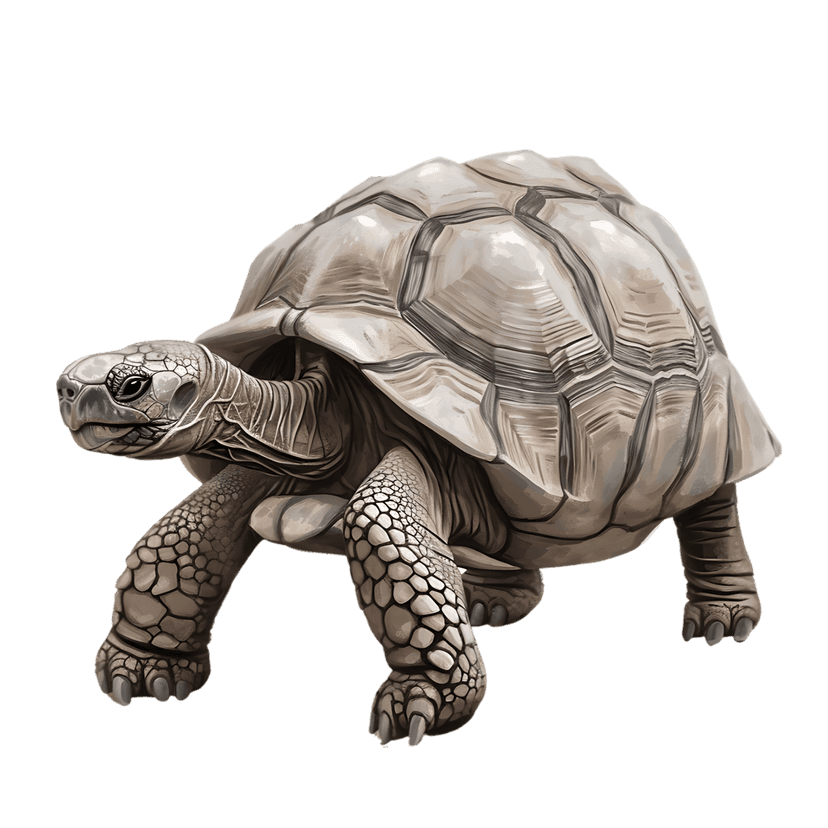 Giant tortoise walking in side profile featuring detailed wrinkled skin and grey scales on black background.