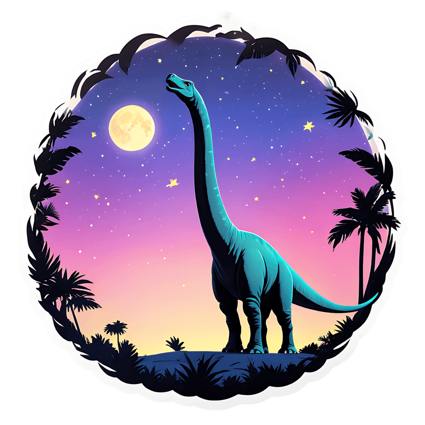 Turquoise brachiosaurus sticker shows a long-necked dinosaur silhouette against a starry night and full moon.