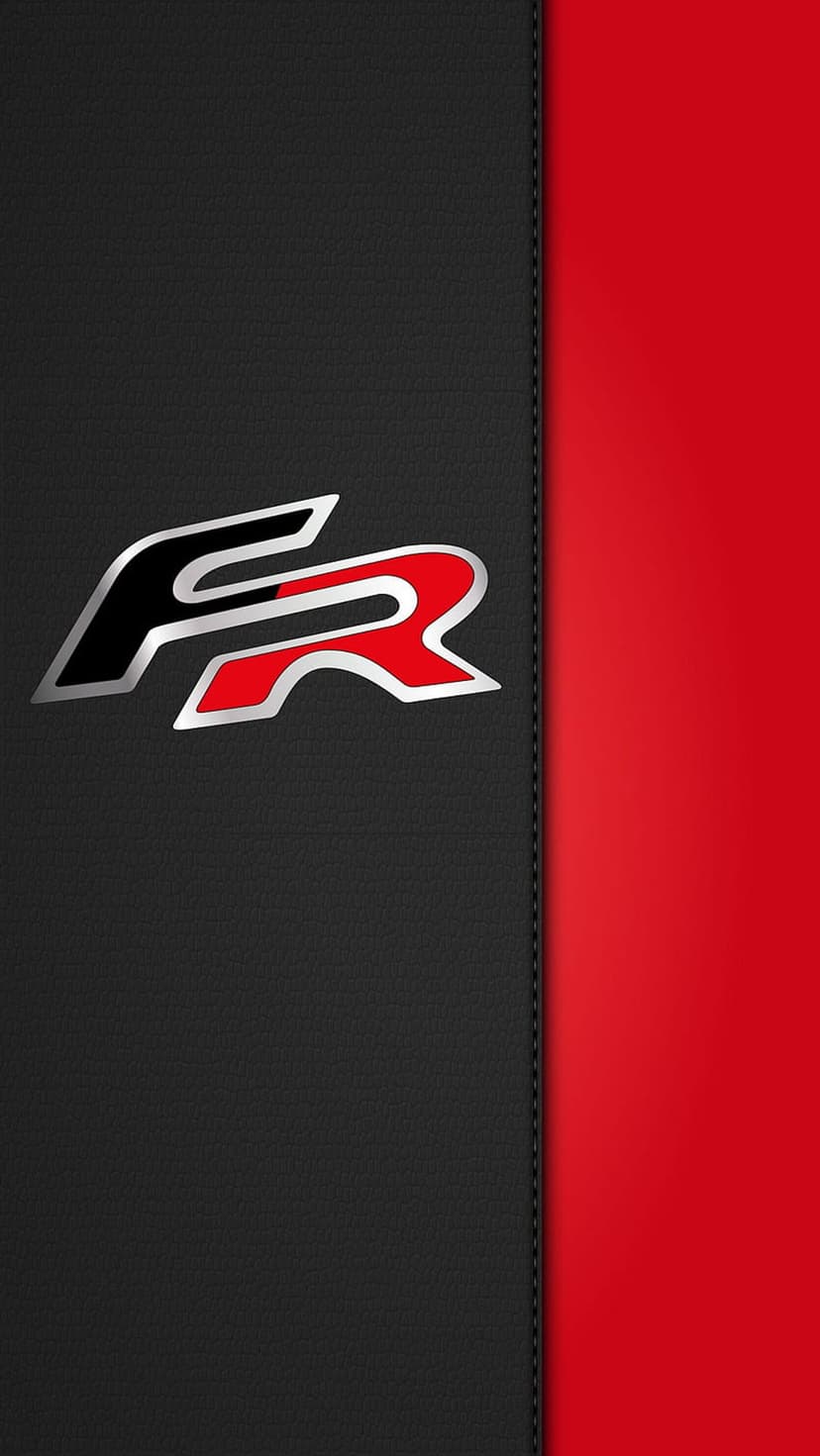 SEAT FR logo with silver outlines on a black textured surface and a red vertical panel with stitched leather seams.