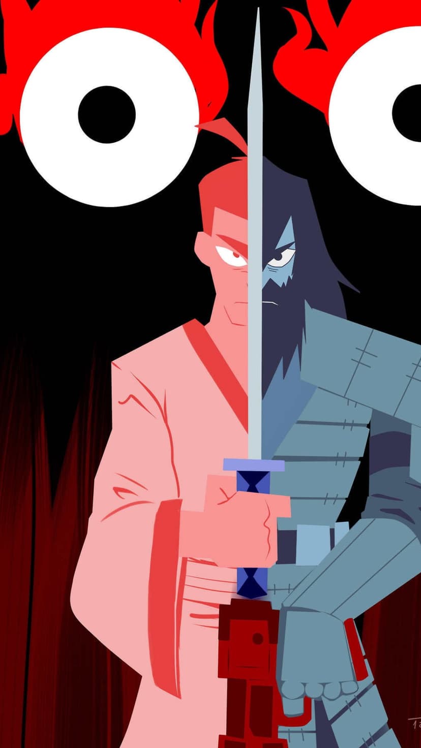 Samurai Jack split between his pink robe and blue armor with a vertical sword and glowing red eyes behind him.