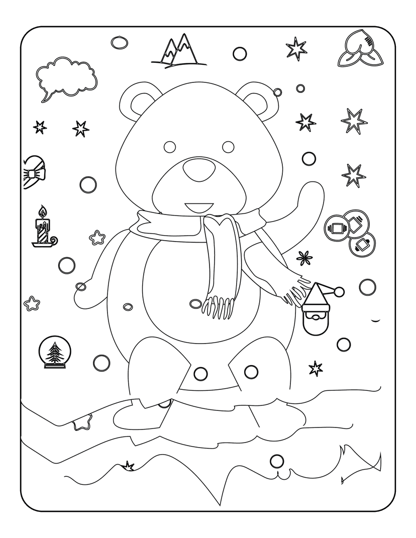 Teddy bear coloring page features a scarf-clad bear near a snow globe and lantern in a mountain landscape.
