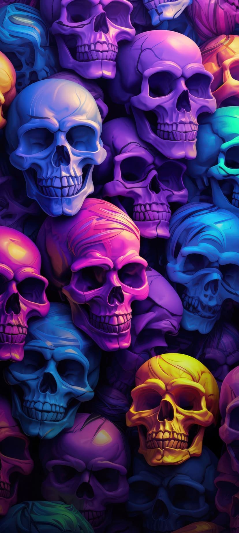 Skulls glowing in neon purple and blue overlap in a dense, vibrant collage against a dark, shadowy backdrop.
