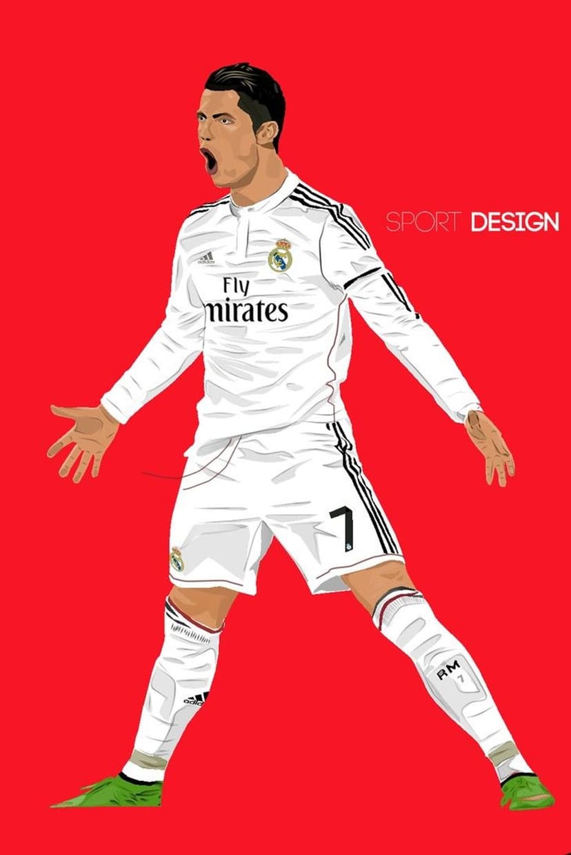 Cristiano Ronaldo celebrates a goal in a white Real Madrid kit against a solid red background with green shoes.