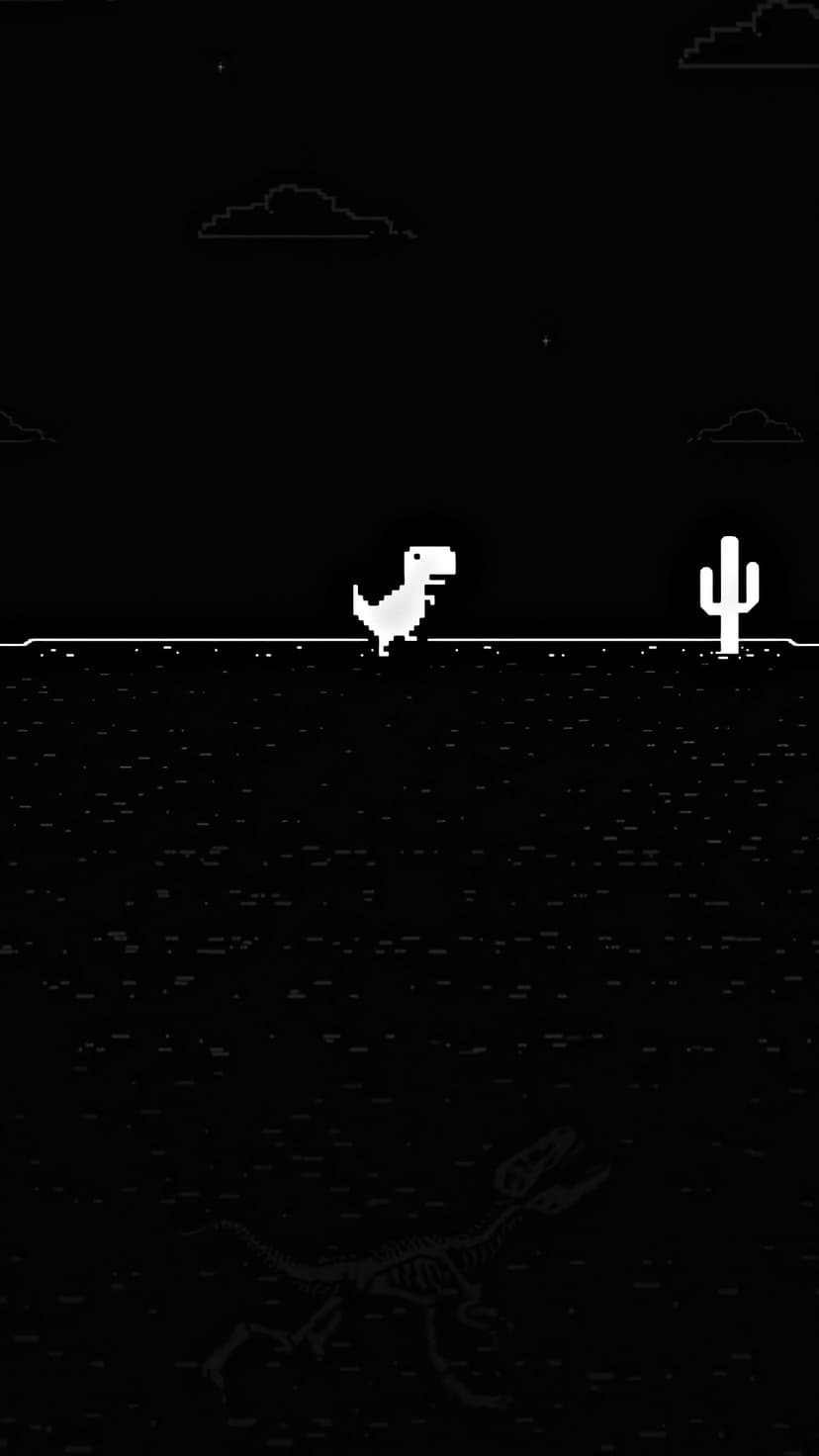 Pixelated T-Rex stands beside a cactus and clouds in a dark 8-bit desert scene for a mobile phone background.