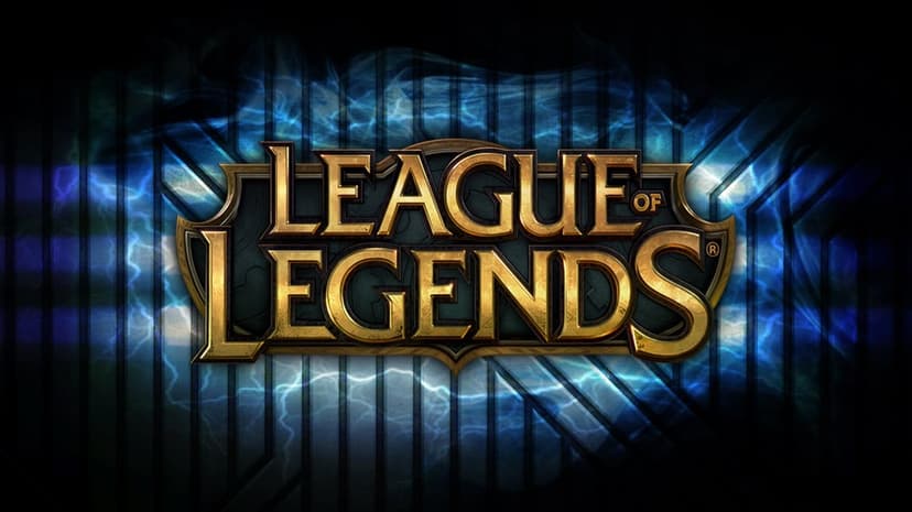 Metallic gold League of Legends logo centered on a dark blue background with electric energy sparks.