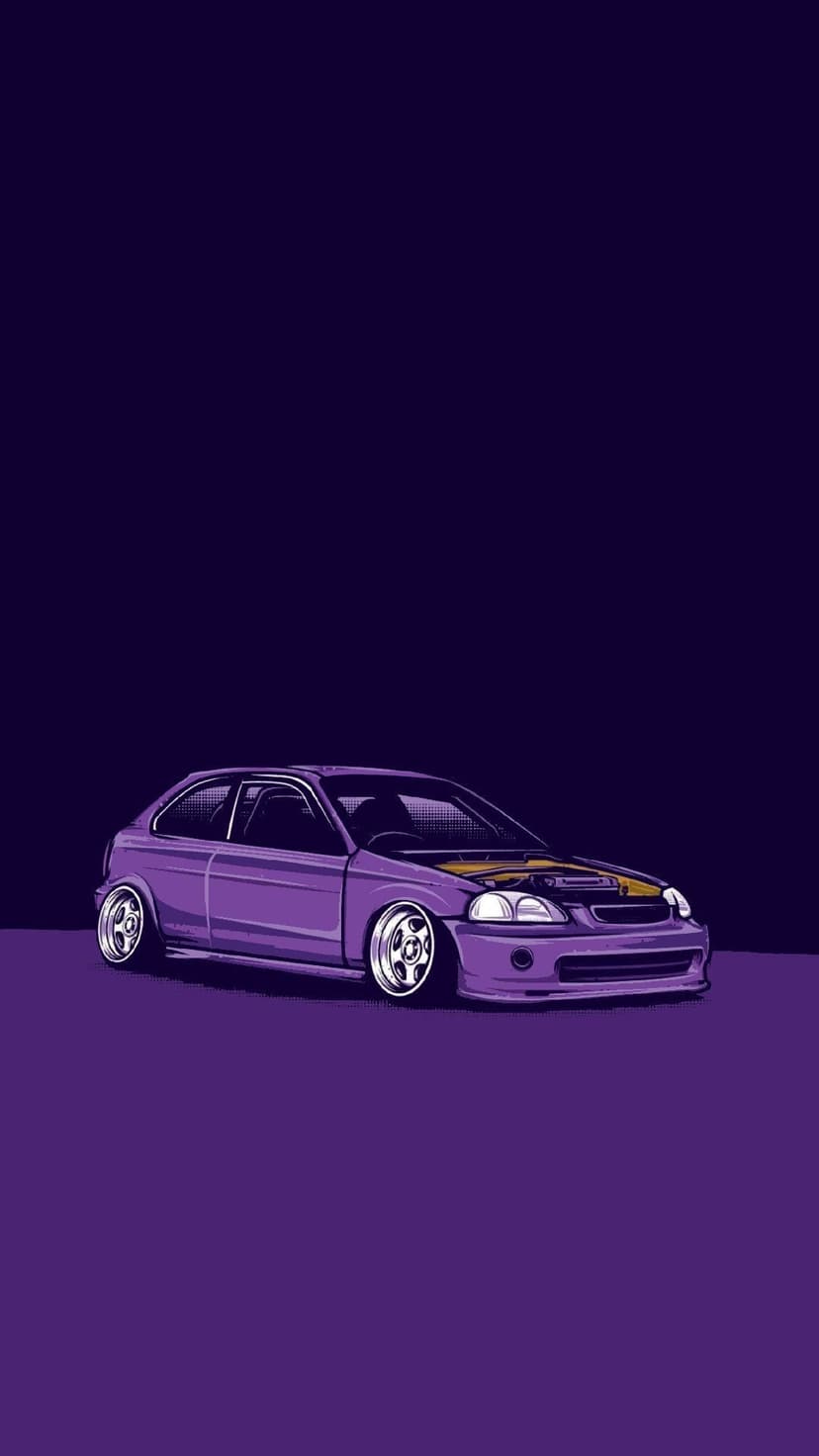 Purple Honda Civic EK with a lowered stance and open hood sits against a dark violet atmospheric background.