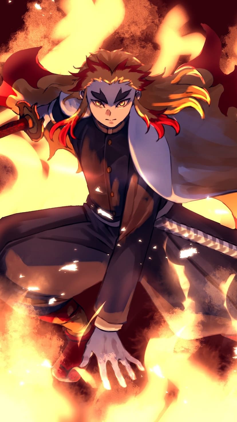 Kyojuro Rengoku stares forward with a determined gaze while surrounded by swirling orange and yellow fire embers.