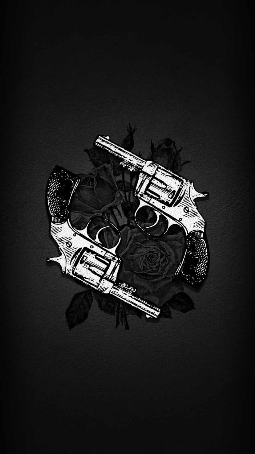Ornate revolvers layered with dark roses create a high-contrast black and white gothic composition with ink details.