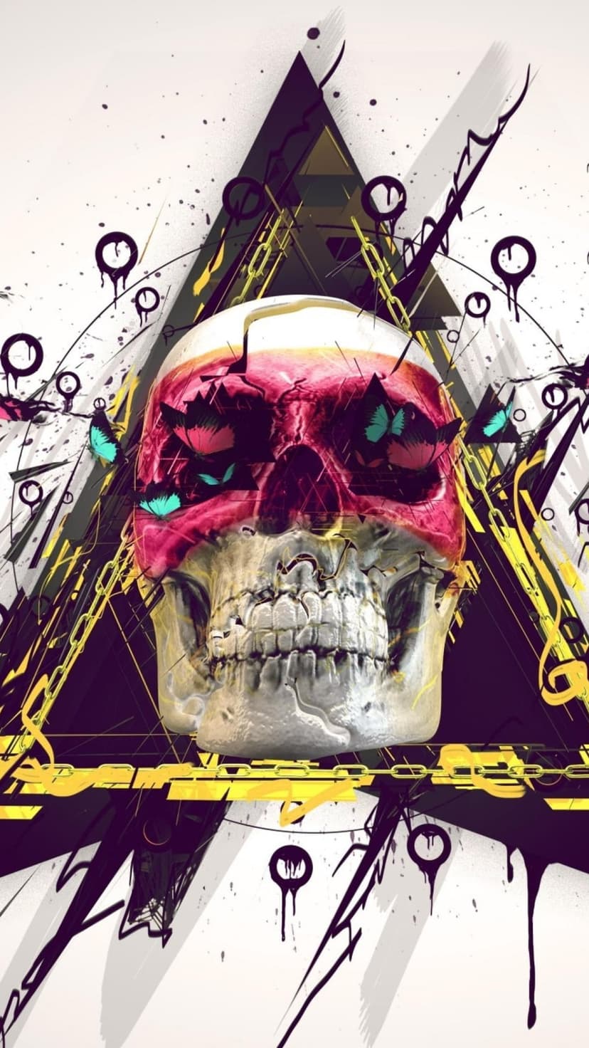 Skull with red butterflies, geometric triangles, and black paint splatters on a white vertical background.