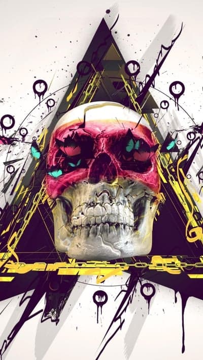 Abstract Skull Art with Butterflies and Geometric Elements