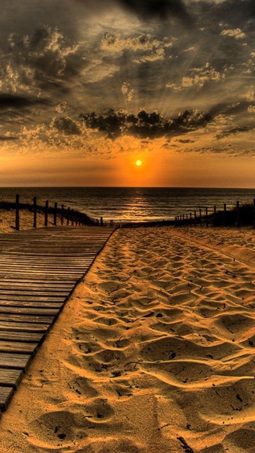 Wooden boardwalk path leading through sand dunes toward a bright orange sun setting over the coastal ocean horizon.