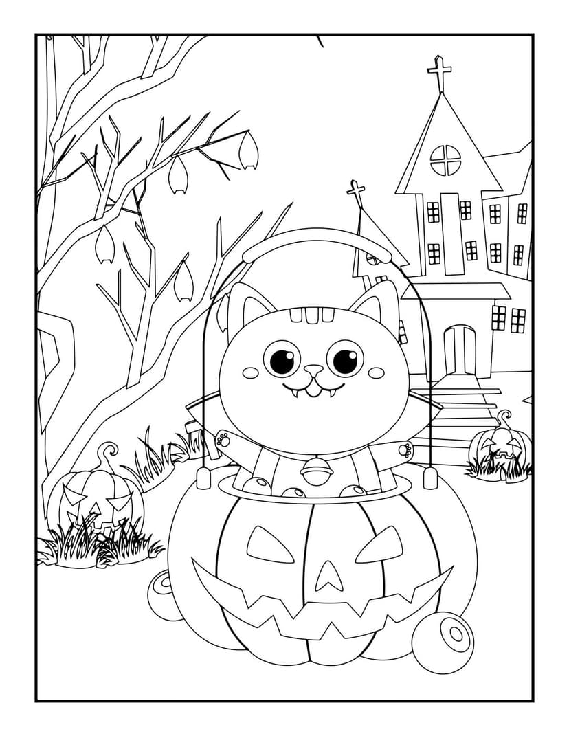 Halloween coloring page featuring cat sitting inside carved pumpkin jack-o-lantern with gothic church backdrop.