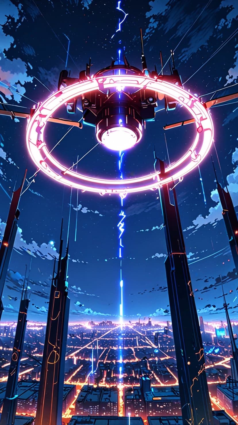 Glowing energy ring suspended above a neon megacity at night with electric arcs connecting to skyscrapers.