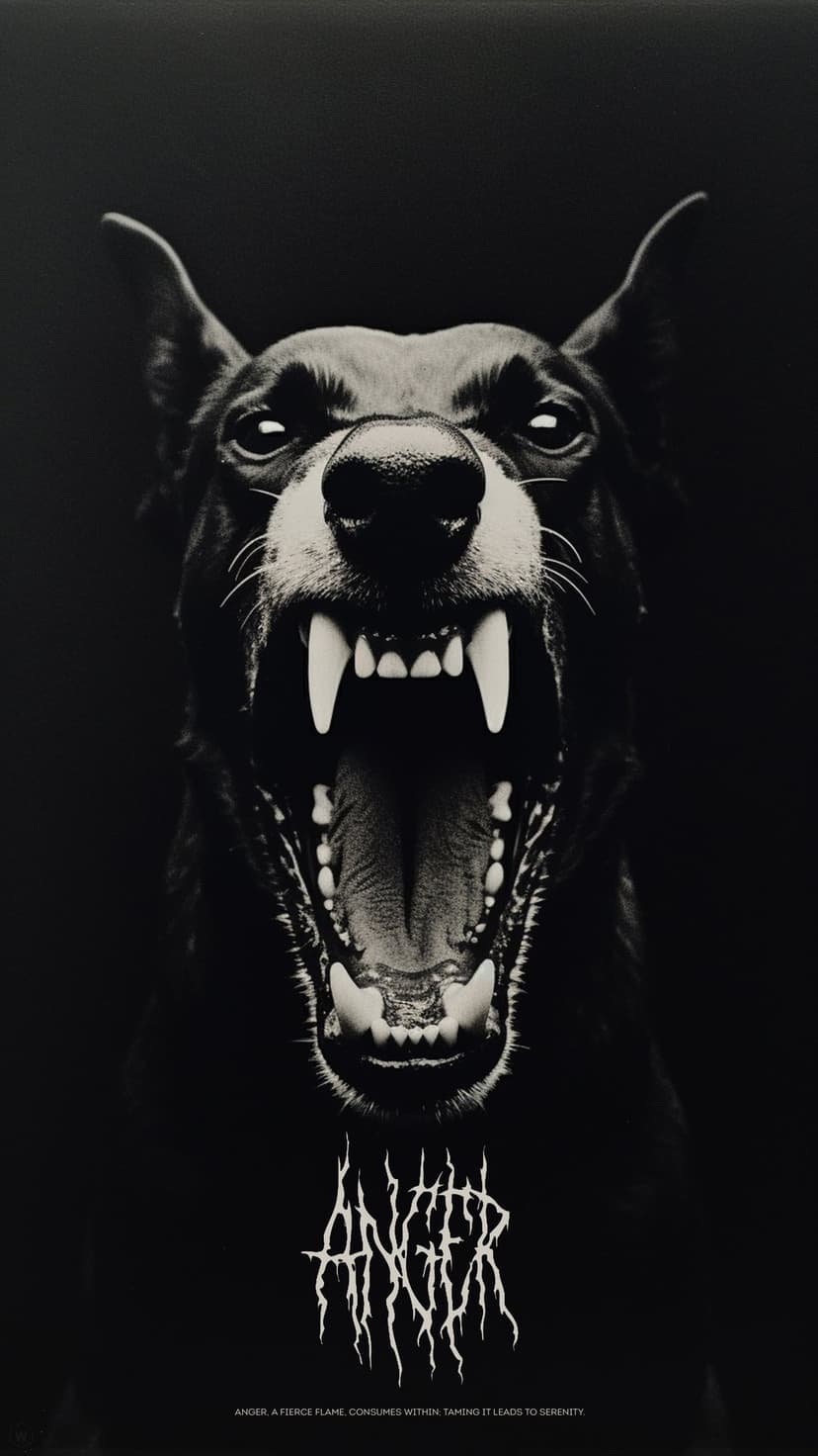Snarling dog with bared fangs and glowing white eyes under the word anger in a dripping, stylized font.
