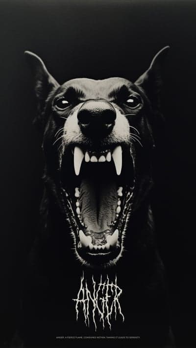 Aggressive Dog Bares Fangs with "Anger" Text Overlay