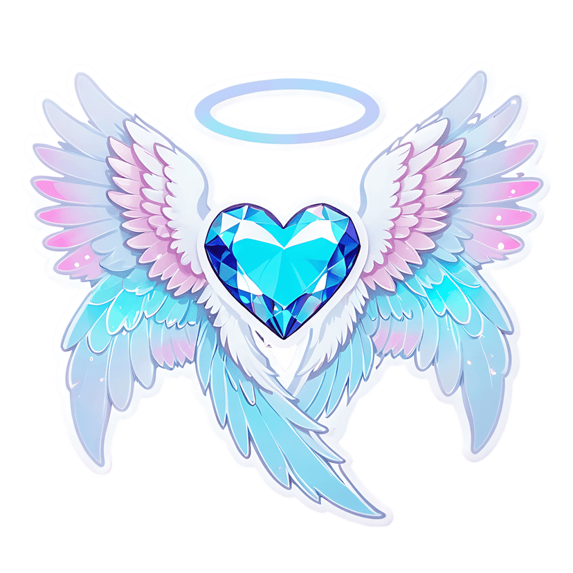 Blue gemstone heart wings illustration featuring a glowing golden halo and soft feathered pastel gradients.