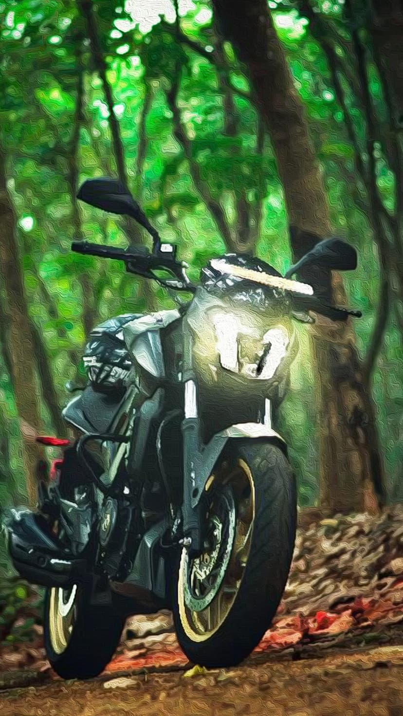 Black motorcycle with a round headlight parked on a leaf-covered forest floor surrounded by tall green trees.